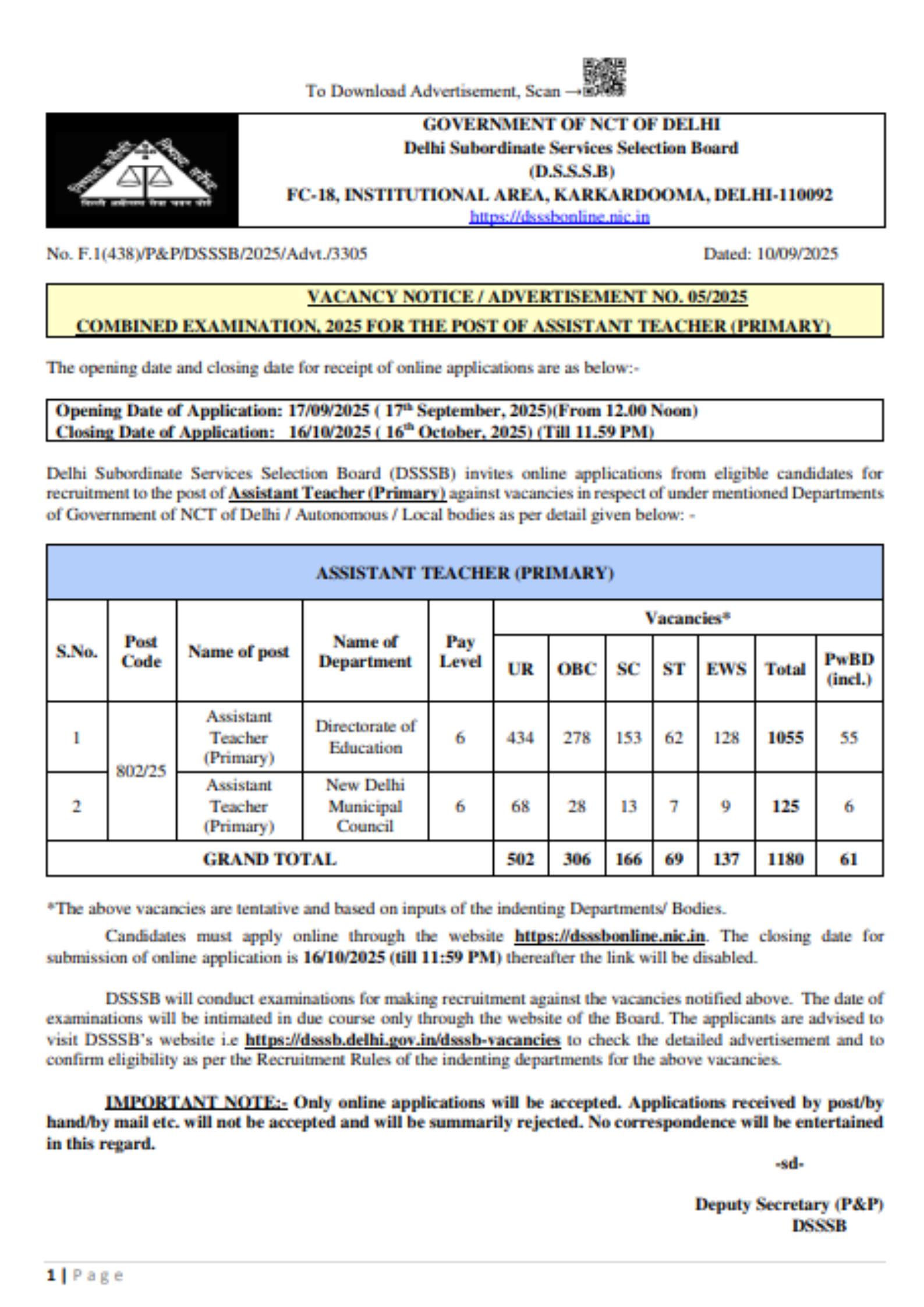 DSSSB Teacher Vacancy